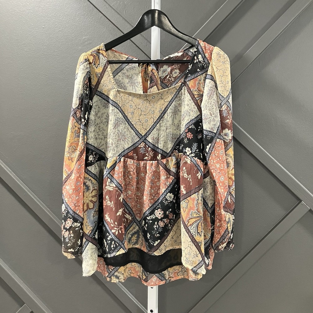 American Eagle Boho Patchwork Floral Square Neck Long Sleeve Top Size Medium